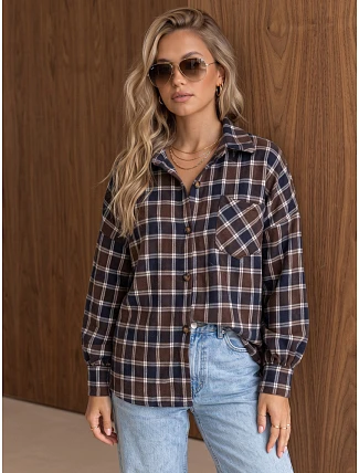 Dámská flanelová košile s kostkovaným vzorem, hnědá, FashionStreet DY0510 Dámská flanelová košile s kostkovaným vzorem, hnědá, FashionStreet DY0510