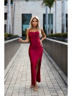 483-5 DIANE saténové dlouhé šaty s rozparkem na nohou - MALINE