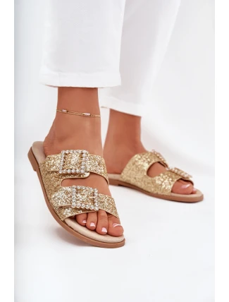 Lesklé zdobené pantofle s přezkami na plochém podpatku zlaté Tovira