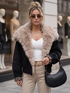 Krátká dámská semišová bunda s kožešinou, černá, FashionStreet TY5842