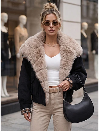 Krátká dámská semišová bunda s kožešinou, černá, FashionStreet TY5842 Krátká dámská semišová bunda s kožešinou, černá, FashionStreet TY5842