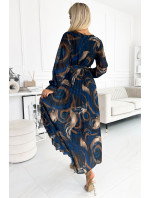 Dlouhé dámské plisované šifonové šaty s výstřihem, dlouhými rukávy, páskem a se vzorem světle modro-béžových vln 519-1