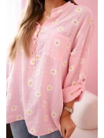 Lněná dámská halenka s květinovým vzorem, dlouhými rukávy a knoflíky Cukrová růžová