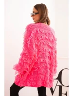 Dámský kardigan s třásněmi a volným střihem neonově růžový Dámský kardigan s třásněmi a volným střihem neonově růžový
