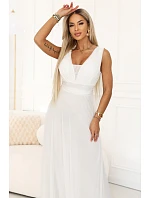 637-8 Dlouhé maxi šaty s brokátovým akcentem a hlubokým výstřihem - ecru barva