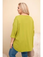 Dámská blůza Plus Size s bavlnou, kapsou a ohrnutým rukávem olivová