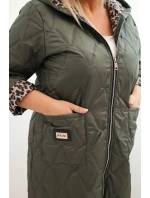 Dámská zimní prošívaná bunda Plus Size s podšívkou v leopardím vzoru a kapucí khaki