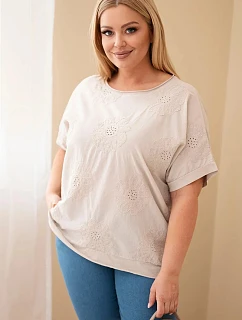 Dámská bavlněná halenka Plus Size s vyšívanými květinami béžová