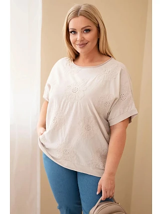 Dámská bavlněná halenka Plus Size s vyšívanými květinami béžová