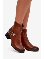 Dámské botky Zazoo – kožené, na podpatku s přezkou, hnědé