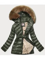 Lesklá zimní bunda v khaki barvě s mechovitou kožešinovou podšívkou (w674)