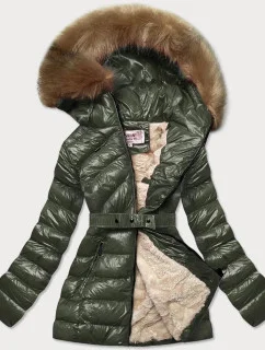 Lesklá zimní bunda v khaki barvě s mechovitou kožešinovou podšívkou (w674)