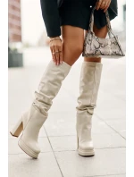 Nazouvací kozačky na podpatku a platformě s nařasením zateplené světle béžové Beridra