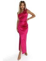 580-5 AURORA Dlouhé saténové šaty na jedno rameno s růží a rozparkem - růžové
