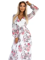 458-3 GEPPI Plisované MIDI šaty s výstřihem, dlouhými rukávy a páskem - bílé s červenými ROSES