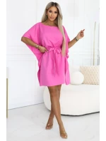 287-42 SOFIA Růžové motýlí šaty se zavazováním v pase - světle fuchsiová barva