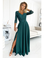 Elegantní dlouhé šaty s krajkovým výstřihem Numoco AMBER - zelené