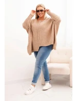 Dámský svetr Plus Size z akrylu volného střihu s 3/4 rukávem camelový Dámský svetr Plus Size z akrylu volného střihu s 3/4 rukávem camelový