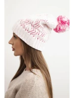 Dámská zimní čepice s vlnou v ozdobném pletení s bambulí K467 bílá + růžová