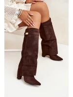 Kozačky Eko Semišový Podpatky Na Zip Zateplené Ohnutý Svršek Čokoládové Evyra