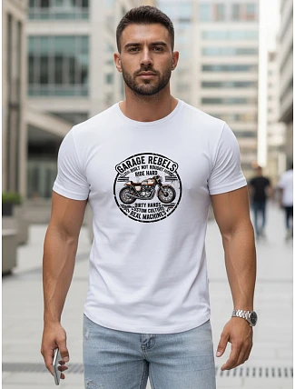 Pánské bavlněné tričko s potiskem motorky bílé FashionStreet NX5007R