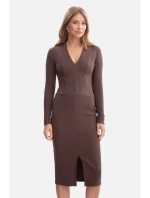 B307 Pletené tužkové šaty - hnědé