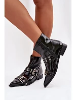 Lakované dámské kotníkové boty na plochém podpatku s pásky a přezkami Černé Hamira