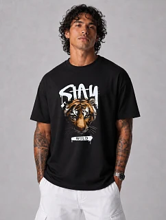 Pánské bavlněné tričko oversize s potiskem černé FashionStreet NX1026R