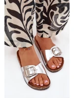 Dámské pantofle na korkové platformě s přezkou – stříbrné Vianara