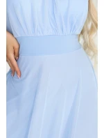 662-1 Elegantní maxi večerní šaty na ramínka s tylem a zavazováním v pase - modré