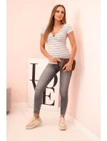 Dámská bavlněná žebrovaná pruhovaná halenka s výstřihem a ozdobným kroužkem šedá