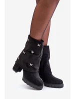 Zdobené boty s ohrnutým svrškem na podpatku černé Esadora