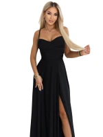 646-4 Dlouhé společenské šaty bez ramínek s rozparkem na nohou - černé