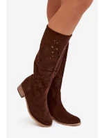 Otevřené dámské vysoké boty na kostku čokoládové Helinna Otevřené dámské vysoké boty na kostku čokoládové Helinna