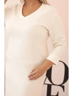 Dámské šaty Plus Size máslové s výstřihem do V a rukávem ecru