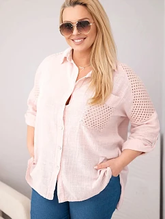 Dámská bavlněná košile Plus Size s límečkem a krajkovým vsazením tmavě pudrově růžová