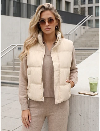 Dámská zateplená vesta bez kapuce, béžová, FashionStreet TY5726 Dámská zateplená vesta bez kapuce, béžová, FashionStreet TY5726