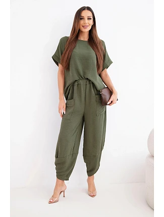 Komplet z viskózy halenka + kalhoty světle khaki