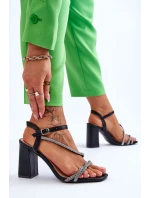 Kožené sandály s kamínky podpatky Černé Carlotta