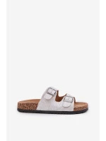 Materiálové pantofle na korkové podrážce s přezkami světle šedé Atera