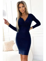 387-8 Přiléhavé šaty s obálkovým výstřihem a dlouhými rukávy - GRANITE s třpytkami