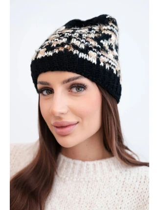 Dámská zimní čepice z vlny s norským vzorem K354 černá+béžová