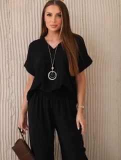 Komplet s náhrdelníkem halenka + kalhoty černý