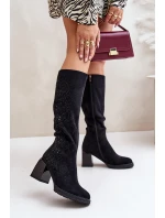 Zdobené dámské kozačky nad kolena zateplené na podpatku černé MR880-158