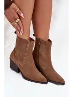 Dámské zateplené kotníkové boty kovbojky na podpatku Dylira – camel, zamsz