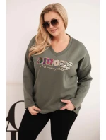 Dámská mikina Plus Size s nápisem a výstřihem do V khaki