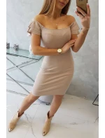 Pruhované nařasené šaty tmavě béžové