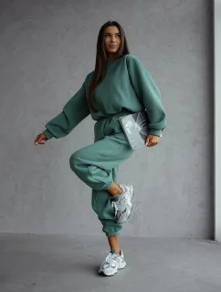 Zelený dámský bavlněný teplákový komplet s krátkou mikinou (82160)