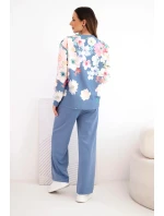 Dámský máslový viskózový komplet s květinovým vzorem a širokými nohavicemi jeansový