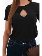 Dámská viskózová žebrovaná halenka s ozdobným výstřihem u dekoltu černá